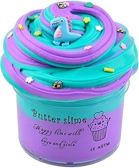 Premium Green with Purple Slime, 7oz. Scented Butter Slime for Boys Girls, Birthday Party Favors for Kids, Dinosaur Charm, Great 6-12 Year Old Toys, Super Soft Sludge Toy