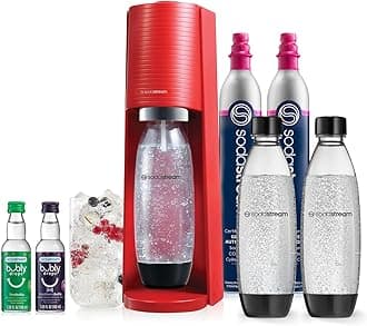 Terra Sparkling Water Maker Bundle (Red), with CO2, DWS Bottles, and Bubly Drops Flavors