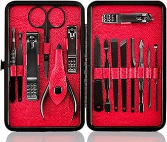 Professional Stainless Steel Nail Clipper Travel & Grooming Kit Nail Tools Manicure & Pedicure Set of 15pcs with Luxurious Case (Black/Red)