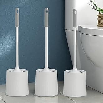 Pack of 3 Toilet Cleaning Brush with Holder Set Free Stand, Pot Commode Bathroom Cleaning ScrubberBrush Plastic bristles Toilet Brush, Long Handle Bathroom Sleek Toilet Bowl Cleaner Brush with Stand
