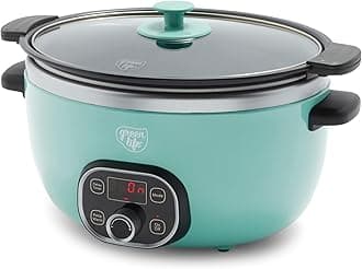 GreenLife 6QT Ceramic Slow Cooker, PFAS-Free, Programmable, Removable Healthy Nonstick Pot for Family Meals, Sear on Stovetop, Keep Warm, Digital Timer, Dishwasher Safe Crock, Turquoise