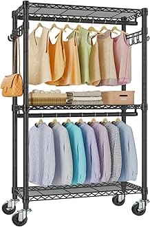 V12 Mini Rolling Clothes Rack Heavy Duty Clothing Rack for Hanging Clothes Adjustable Metal Wire Shelving Portable Closet with Wheels Side Hooks, Freestanding Closet Wardrobe, Black