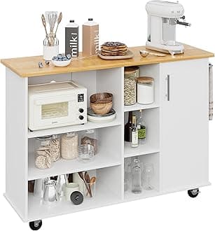 Shintenchi 47”W Kitchen Storage Island Cart with 6 Open Shelves and 1 Cabinet, Portable Trolley Cart with Wood Work Top and Handle/Towel Rack, WhiteThe Forest Stewardship Council
