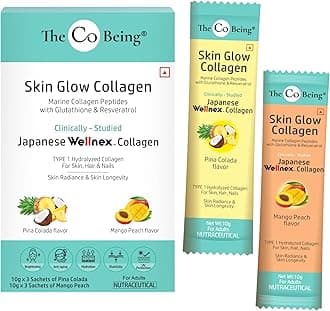 Skin Glow Collagen Powder | Collagen Supplement for Skin and Hair | Formulated with Resveratrol, Glutathione, Vitamin C & Biotin | 6 Sachets | 3x Mango Peach & 3x Pina Colada