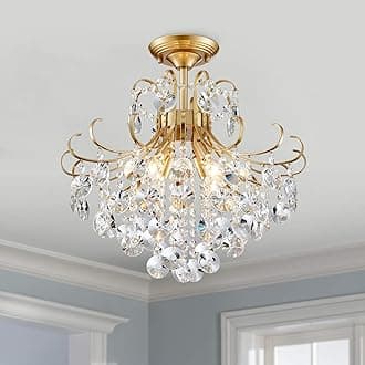 Gold Crystal Chandelier Ceiling Light, Luxury Crystal Semi Flush Mount Ceiling Lighting Fixture for Dining Room Bedroom Hallway Bar Kitchen, H 17.7'' x W 18.1''