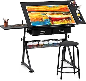 ZENY Adjustable Drafting Table with Stool, Tilting Drawing Desk Artist Table with Storage Drawers, Art Craft Workstation for Home Office Reading, Writing, Crafting