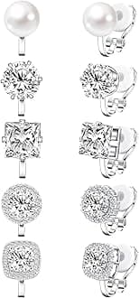 Cubic Zirconia Clip on Earrings - Women Hypoallergenic Comfortable Non Pierced Stud Earrings for Wedding and Dance Competitions, Clip-on Earrings Silver Gold