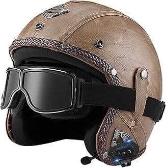Retro Open Face Motorbike Helmet with Bluetooth, Leather Jet Helmet with Personalized Goggles, DOT Approved 3/4 Motorcycle Half Helmet, Crash Helmet for Adult Men and Women