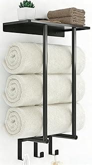 Towel Rack Wall Mounted, BETHOM Bathroom Towel Storage with Shelf and 3 Hooks for Small Bathroom, Bathroom Towel Holder Can Holds Up to 3 Large Size(160 x 100 cm) of Rolled Towels, Black