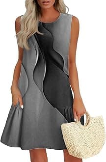 Summer Dresses for Women 2025,Lightning+Deals A-Line Sleeveless Hawaiian Mini Dress Casual Floral Round Neck Ruffle Tank Dress Boho Sundresses Pocket Beach Vacation Clothes Light Gray S