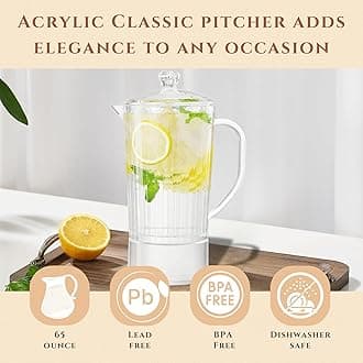 Khen Acrylic Classic Beverage Pitcher with Lid (65 oz) Plastic Water, Sangria, Lemonade, Margarita, Juice, Iced Tea Pitchers, Clear Tritan Glassware Lookalike, Dishwasher Safe BPA-Free