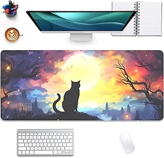 Black Cat Starry Night Mouse Pad Desk Mat,Large Extended Gaming Mouse Pad with Stitched Edges,Non-Slip Waterproof Rubber Base for Office,Computer,Keyboard,Laptop and Home Desk Pad(27.5X11.8 in)