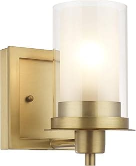 Designers Impressions Juno Brushed Brass 1 Light Wall Sconce/Bathroom Vanity Light Fixture with Clear and Frosted Glass: 73485