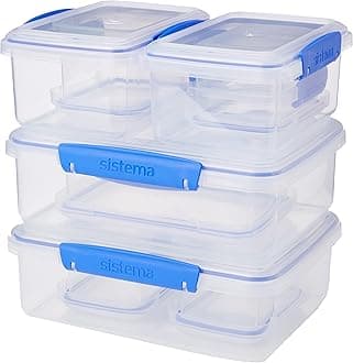 Sistema KLIP IT Food Storage Containers | 2 L, 1 L, 400 ml & 200 ml | Stackable & Airtight Fridge/Freezer Food Boxes with Lid | BPA-Free Plastic | Blue Clips | 10 Count