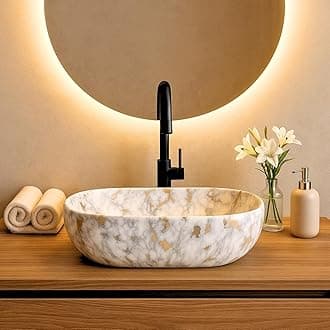 HISRE Table Top Wash Basin For Bathroom | Over Counter Top Wash Basin For Living Room | Washbasin Countertop | Tabletop Ceramic Bathroom Kitchen Sink (45 x 33 x 13 CM) (White - Grey & Golden Design)