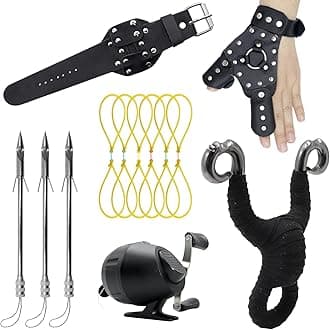 Obert 7Pcs Fishing Slingshot Kit Bow Fishing Reel Catapult Hunting Shooting Fishing Broadheads Hand Guard with 5pcs Fishing Bands