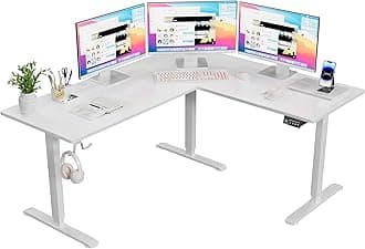 63 x 55 Inch L Shaped Standing Desk with 2 Preset Heights, Electric Height Adjustable Computer Table, 2 Hooks & Feet Balance, Corner Sit Stand Desk for Home Office (White)