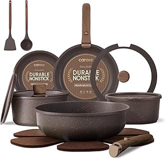 CAROTE 17PCS Pots and Pans Set Non Stick, Cookware Sets, Kitchen Set, Induction Cookware, Kitchen Cookware Sets, Brown