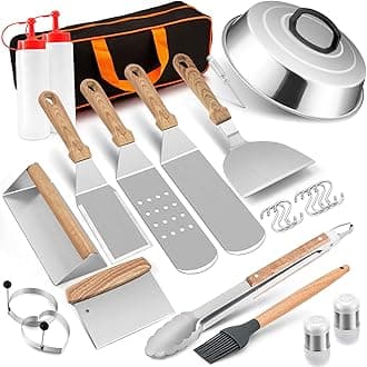 16Pcs Griddle Accessories Kit, HaSteeL Professional Stainless Steel Griddle Spatula Tools, Heavy Duty Metal Spatulas, Burger Press, Melting Dome for Teppanyaki Flat Top BBQ Indoor Outdoor, Easy Clean