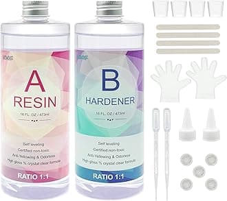 Epoxy Resin, Resin Kit Crystal Clear-Not Yellowing and No Bubble Self Leveling Easy Mix 1:1 Casting & Coating for DIY Jewelry Making, Art Crafts, Wood & Resin Molds (32oz)