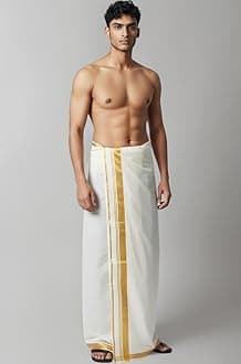 Kuthampully Men's Kerala Kasavu Dhothi Cotton | Golden Kerala Kasavu Mundu | Plain Cotton Dhoti For Men | Traditional South Indian Kasavu Mundu | EKM-605 | Pack -1