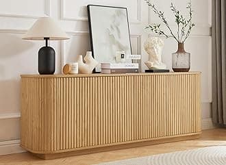 64" Sideboard Buffet Cabinet with Storage, Wooden Fluted Storage Cabinet Sideboard Credenza with Adjustable Shelves Pressed Spring for Kitchen Living Room (Natural Oak)