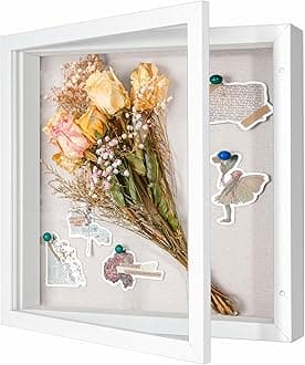 Califortree 11x11 Shadow Box Frame with Linen Back - Sturdy Rustic Memory Display Case of Flower, Pictures, Medals and More, White