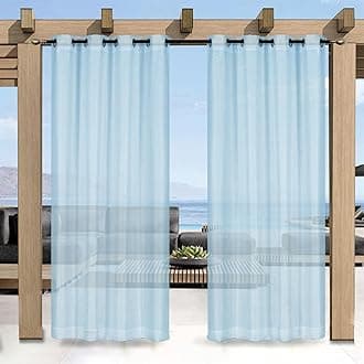 Outdoor Curtain for Patio, Blue Linen Look Semi-Sheer Curtains Waterproof Light Filtering Voile Outside Grommet Drapes for Pergola Balcony Pool Indoor 1 Panel, W100 x L96