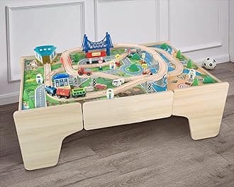Hooga Wooden Children's Play Table, Custom Train Tabletop with Wooden Track and 80 Piece Toy Set, 2 in 1 Multi Usage Kids Activity Set