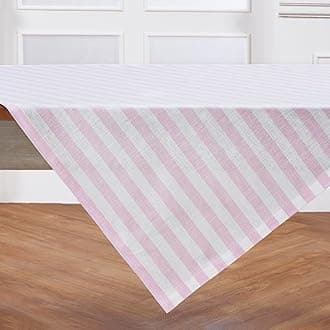 Solino Home Linen Striped Tablecloth 52 x 52 Inch - 100% Pure Linen Pink and White Square Table Throw - Sorrento Stripe, Machine Washable Tablecloth for Summer