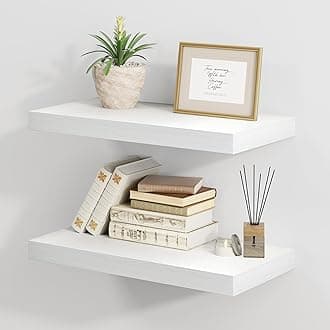 Fun Memories White Floating Shelves 16 Inch Long, 8 Deep Floating Shelf Wall Mounted, 16 x 8 Inch Wooden Bathroom Shelves, Deep Storage Shelves for Living Room, Kitchen, Set of 2
