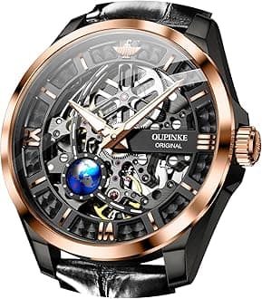 OUPINKE Mens Mechanical Wrist Watch Luxury Business Skeleton Leather Automatic Self Winding Waterproof 50M/5ATM Luminous Watches for Men Gift