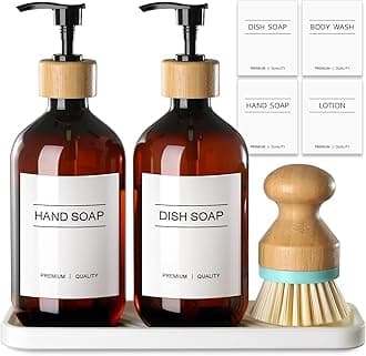 GMISUN Amber Hand and Dish Soap Dispenser Set with Tray, 500 ML Plastic Kitchen Sink Soap Dispenser with Bamboo Dish Brush, Farmhouse Kitchen Washing Up Liquid Dispenser Bottle with Pump Bathroom