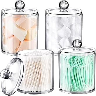 SheeChung 4-Pack Clear Acrylic Apothecary Jars - (2) 12oz & (2) 10oz Qtip Holder Set - Shatterproof Bathroom Vanity Organizer for Cotton Swabs,Balls,Pads,Floss Picks