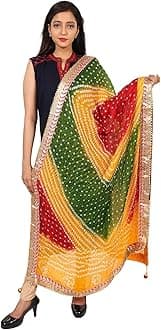 kalpit creations® Women's Jaipuri Rajasthani art Silk Bandhani Bandhej Multi-Colored Heavy Dupatta with Gota Work and latkan (red-yellow-greeen)