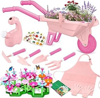 16Pcs Kids Gardening Tools Outdoor Toys Set Backyard Play with 93 PCS DIY Flower Garden Building Preschool Activities (Pink)