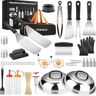Griddle Accessories Kit, 140 Pcs Griddle Grill Tools Set for Blackstone and Camp Chef, Professional Grill BBQ Spatula Set with Basting Cover, Spatula, Scraper, Bottle, Tongs, Egg Ring (Egg)