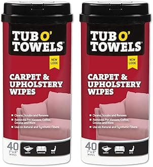 Tub O' Towels Carpet, Rug, and Upholstery Cleaning Wipes - Extra Strength Stain Remover, Odor-Fighting Power, Safe on Natural & Synthetic Fibers, 40-7” x 8” Wipes Per Tub, 2-Pack, Light Citrus Scent