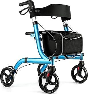 RINKMO Rollator Walkers for Seniors- Rollator Walker with Seat 8" Wheels- Easy Folding Senior Walker with Backrest- Lightweight Mobility Walking Aid for Adult Elderly, Aluminum Frame, Blue