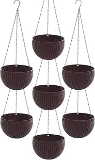 Go Hooked 7.1" Plastic Rattan Hanging Basket/Hanging Pots with Metal Hanging Chain/Hanging Planters- Set of 7 (Dark Brown) (Flowers Not Included)