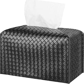 Tissue Box Cover PU Leather Tissue Holder Square Facial Tissue Case Facial Paper Organizer Dispenser for Bathroom, Vanity Countertop, Tabletop, Car, Rectangle, Black
