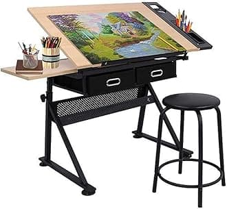 BBBuy MDF Adjustable Drafting Desk Drawing Table Tiltable Tabletop Craft Station Art-Hobby Table with Stool and 2 Drawers for Writing Art Craft Work Station