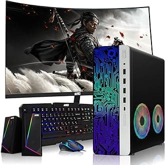 HP G4 Desktop Computer PC AMD Pro A10-9700 R7, 8GB RAM, 1TB SSD, 27-inch Curved Monitor, RGB Speaker, RGB Keyboard with AI-Enabled Copilot Key, Mouse, 2X ARGB Fan WiFi, Windows 11 (Renewed)