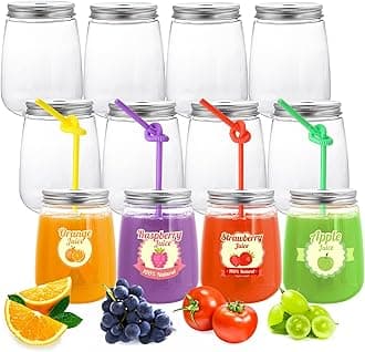 Elsjoy 12 Pack 17 Oz Plastic Juice Bottles with Lid and Straws, Reusable Smoothie Cups Wide Juicing Bottles, Clear Bulk Beverage Containers for Iced Coffee, Milk, Tea, Aluminum Caps