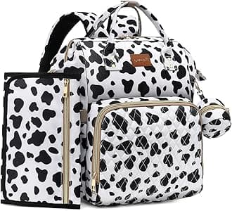 Diaper Bag Backpack with Changing Pad, Pacifier Case, Baby Bag for Boy Girl Toddler - Large, Stylish, Waterproof Travel Quilted Diaper Bag for Mom - Baby Shower Registry - Cow