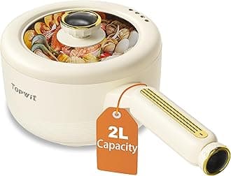 TOPWIT Electric Hot Pot, 2L Non-Stick Fring Pan, Multifunctional Electric Pot, 220V Portable Travel Cooker for Steak, Egg, Fried Rice, Ramen, Soup, 250W/600W (Silicone Spatula Included), Beige