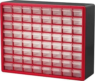 Akro-Mils 10164 64-Drawer Plastic Drawer Storage Cabinet for Garage Organization, Lego Storage, Teacher Toolbox, Makeup Organizer, and More, 50.8 cm W x 15.24 cm D x 40.64 cm H, Red