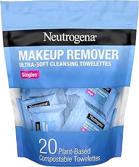 Makeup Remover Cleansing Towelette Singles, Daily Face Wipes To Remove Dirt, Oil, Makeup & Waterproof Mascara, Individually Wrapped, 20 Count