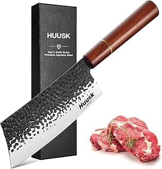 Huusk Japanese Cleaver Knife for Meat Cutting, 6.7 inch Hand Forged Chef Knife High Carbon Steel Sharp Kitchen Knives for Chopping Vegetable, Christmas Gifts for Men and Women
