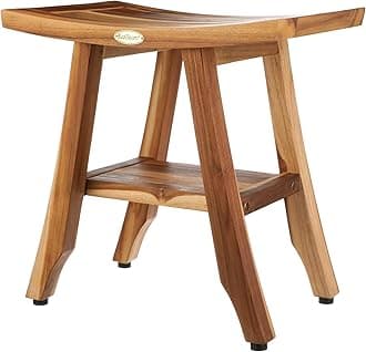 EcoDecors 18" Satori Teak Shower Bench –Compact Bath Seat, Natural Wood Finish Water-Resistant Spa Bench | Slatted Design & Adjustable Feet for Indoor Outdoor Use | Storage Shelf